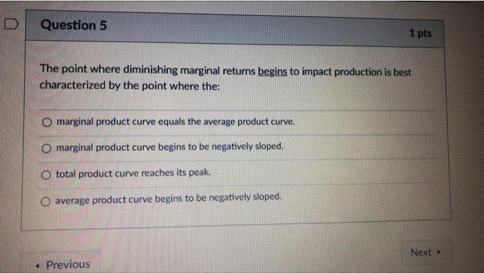 Solved Question 5 1 pts The point where diminishing marginal | Chegg.com
