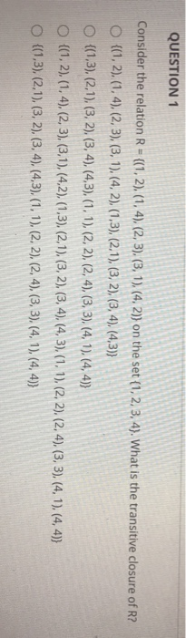 Solved QUESTION 1 Consider the relation R = {(1,2), (1,4), | Chegg.com