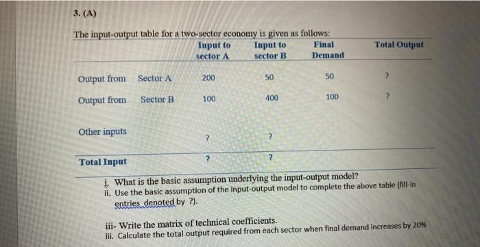 Solved 3. (A) The input-output table for a two-sector | Chegg.com