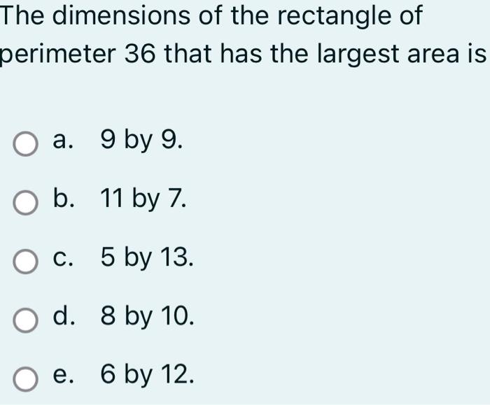 Solved The dimensions of the rectangle of perimeter 36 that | Chegg.com