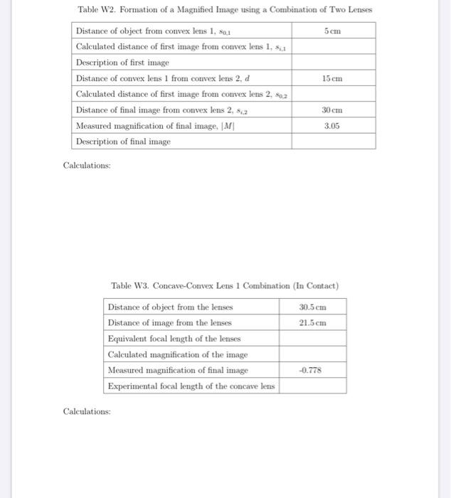 Solved Worksheet: Image Formation Table W1. Focal Lengths, | Chegg.com