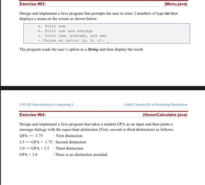 Solved Exercise #03: (Menu.java) Design and implement a Java | Chegg.com