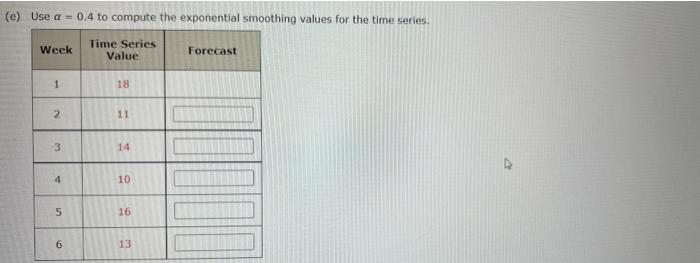 (e) Use a = 0.4 to compute the exponential smoothing values for the time series.
Time Series
Value
Week
1
2
3
ST
5
6
18
11
14