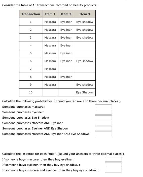 Solved Consider the table of 10 transactions recorded on | Chegg.com