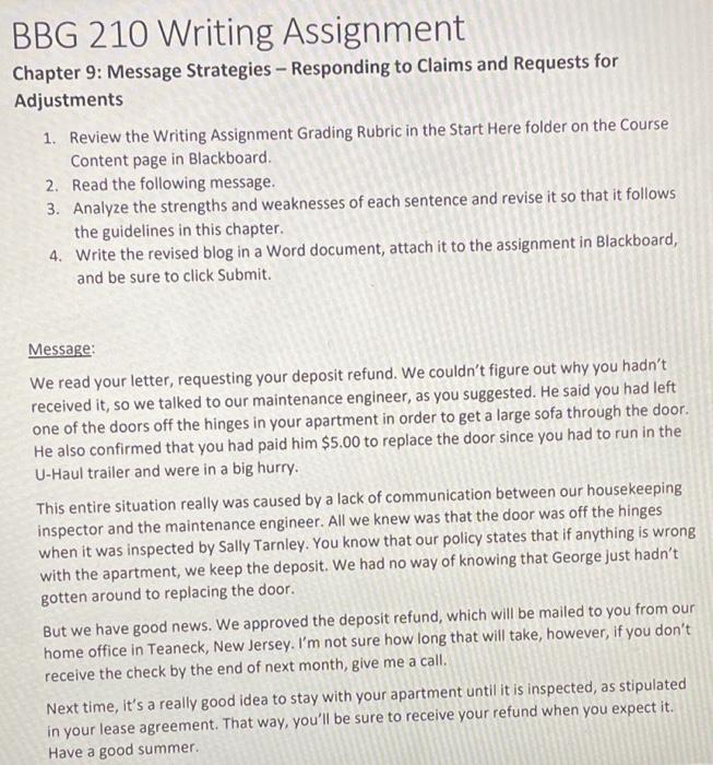 Solved BBG 210 Writing Assignment Chapter 9: Message | Chegg.com
