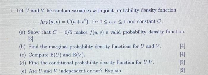 Solved 1. Let U and V be random variables with joint | Chegg.com