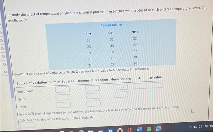Solved To study the effect of temperature on yield in a | Chegg.com