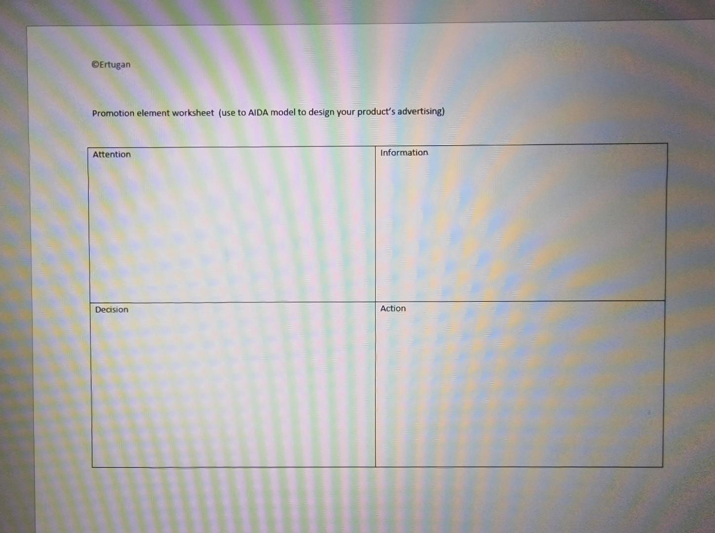 Promotion element worksheet (use to AIDA model to design your products advertising)