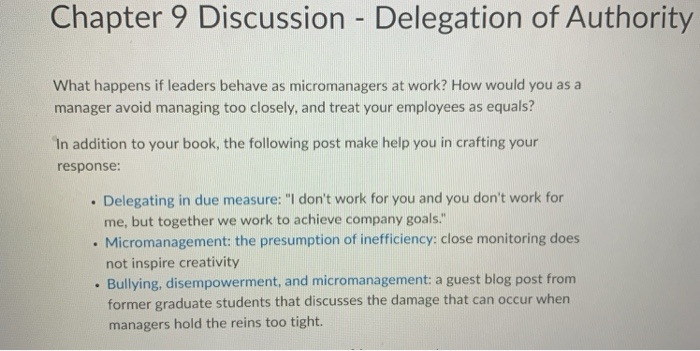 Solved Chapter 9 Discussion - Delegation of Authority What | Chegg.com
