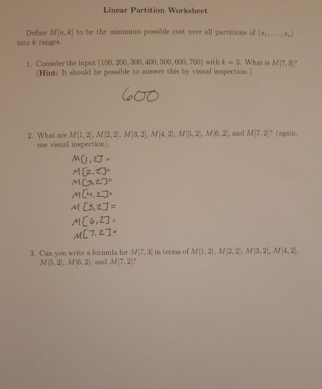 Linear Partition Worksheet Define Mn, k] to be the