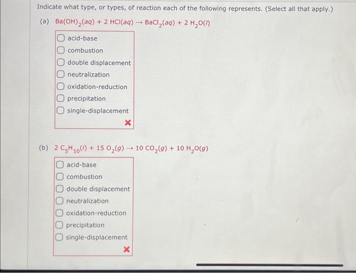 Solved Indicate what type, or types, of reaction each of the | Chegg.com