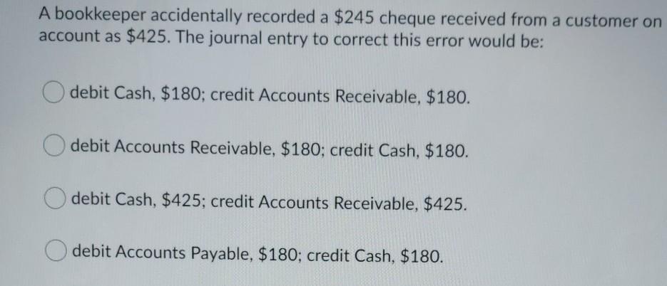 Solved A bookkeeper accidentally recorded a $245 cheque | Chegg.com