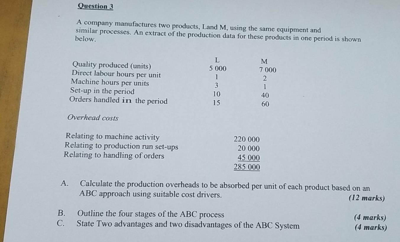 Solved Question 3 A company manufactures two products, Land | Chegg.com