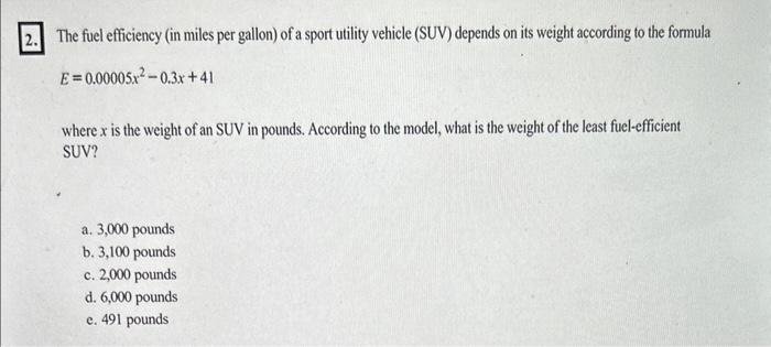 Solved The fuel efficiency (in miles per gallon) of a sport | Chegg.com