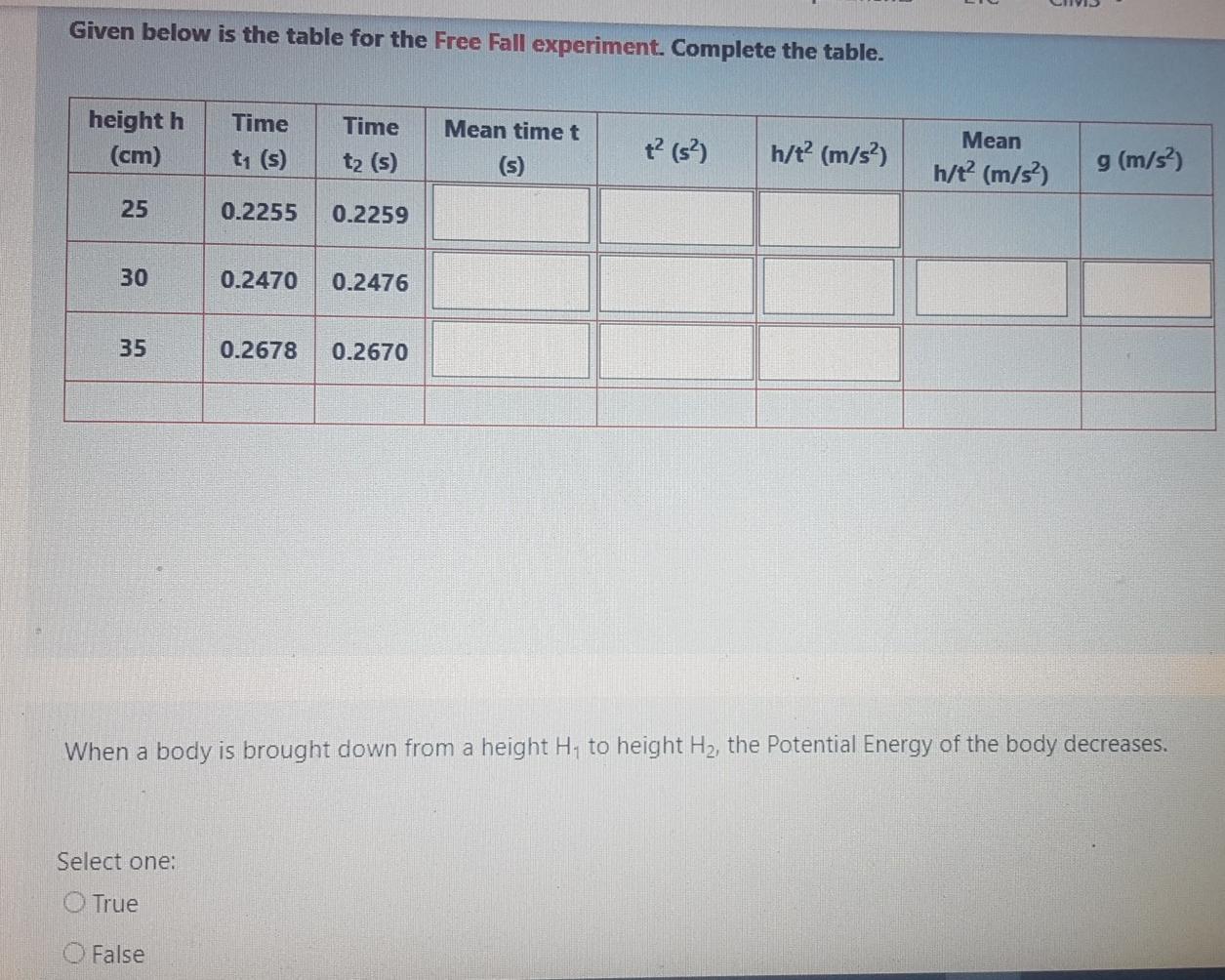 Solved Given below is the table for the Free Fall | Chegg.com