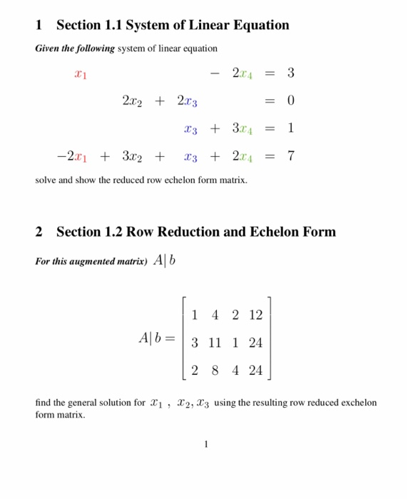 Solved 1 Section 1.1 System of Linear Equation Given the | Chegg.com