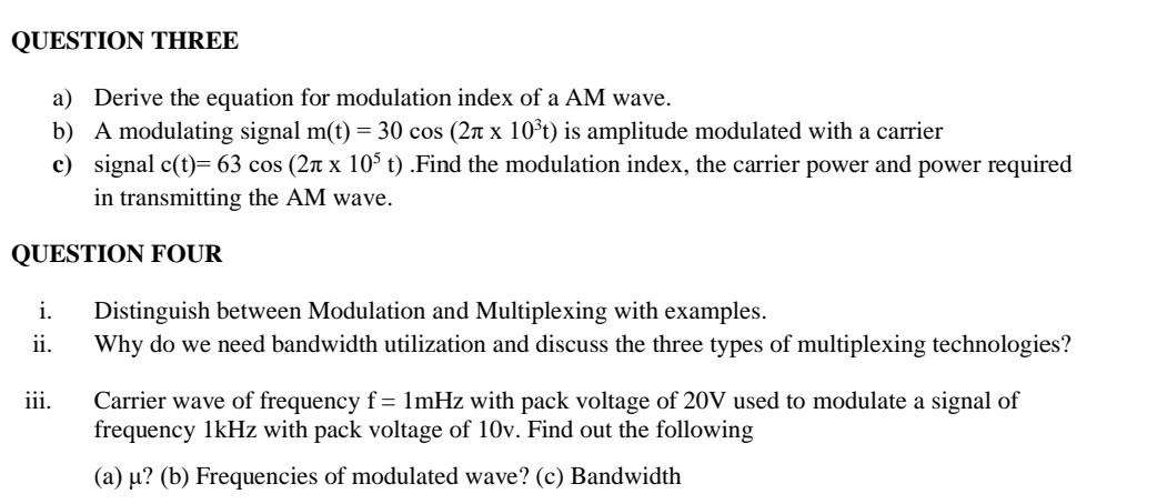 Solved a) Derive the equation for modulation index of a AM | Chegg.com