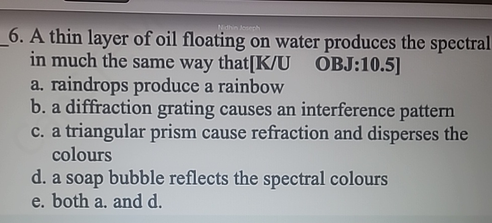Solved A thin layer of oil floating on water produces the | Chegg.com