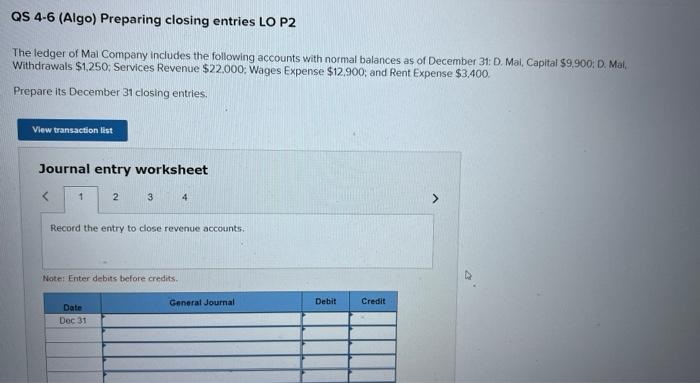 Solved QS 4-6 (Algo) Preparing closing entries LO P2 The | Chegg.com