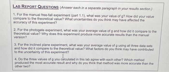 Solved 1. Find manual free fall value compared to | Chegg.com