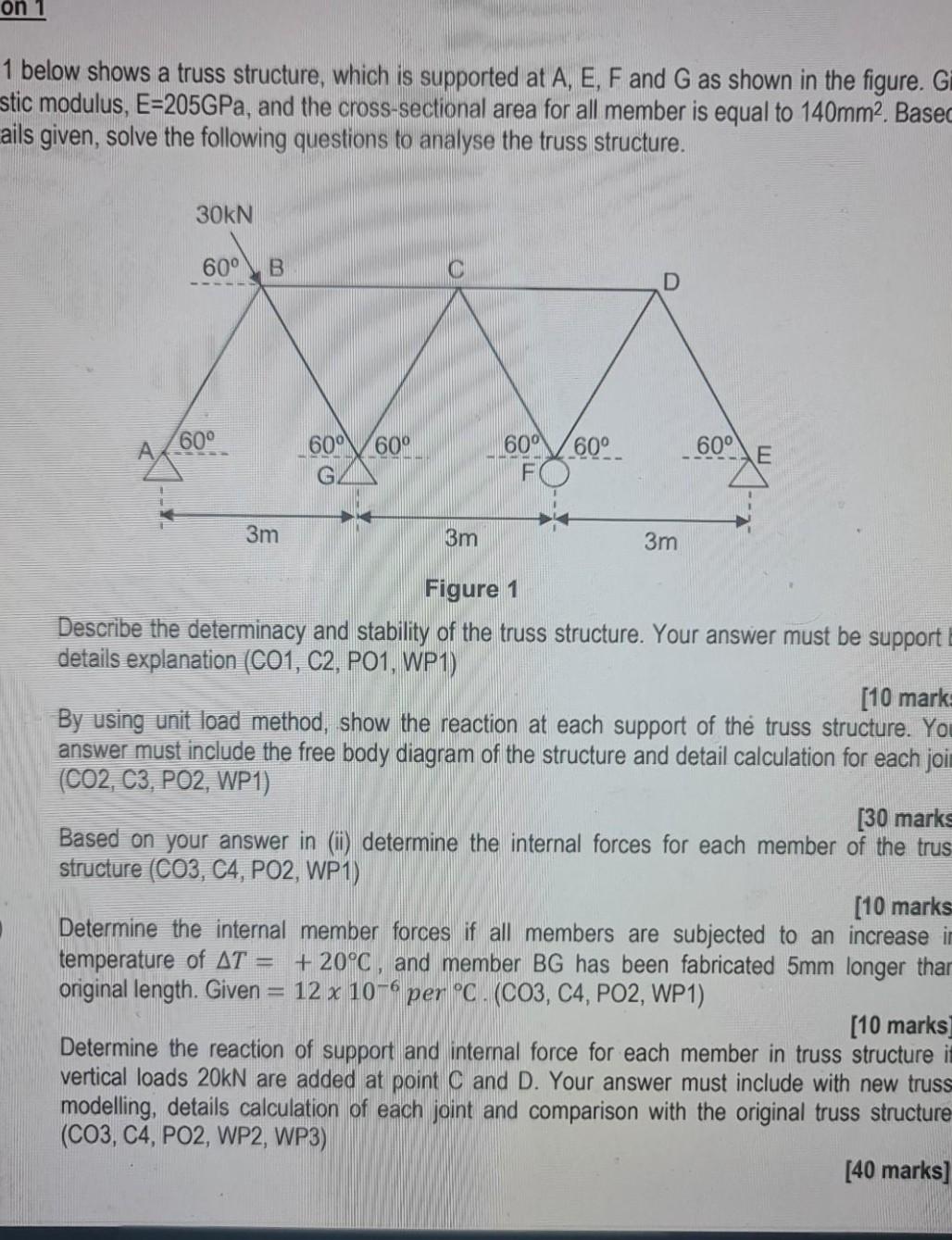 Solved 1 below shows a truss structure, which is supported | Chegg.com