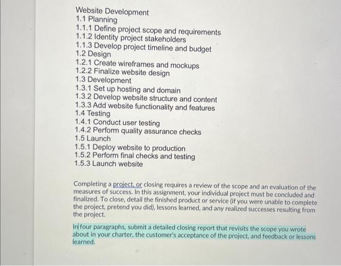 Solved Website Development 1.1 Planning 1.1.1 Define project | Chegg.com