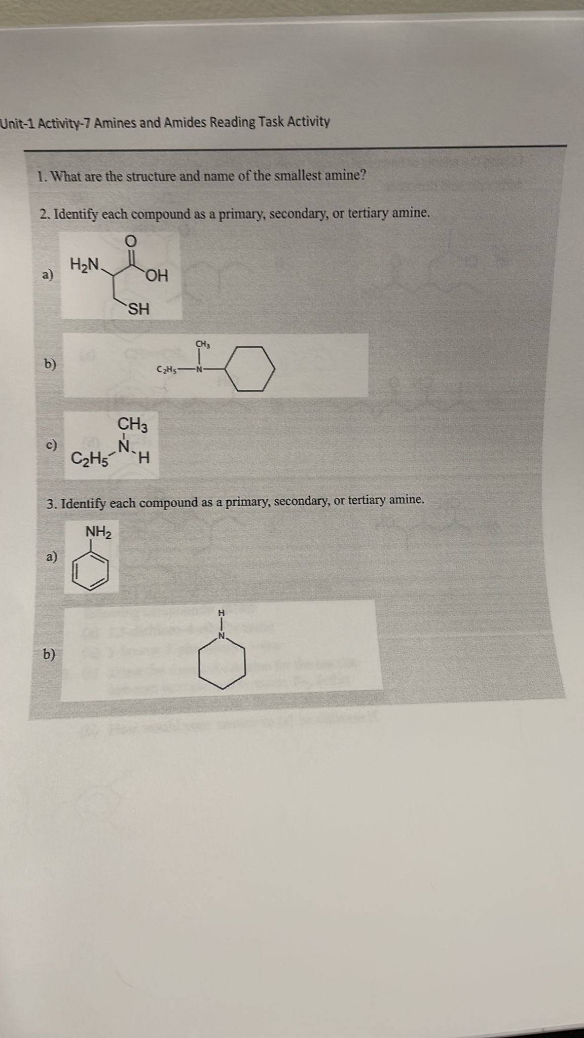 Solved Unit-1 ﻿Activity-7 ﻿Amines and Amides Reading Task | Chegg.com