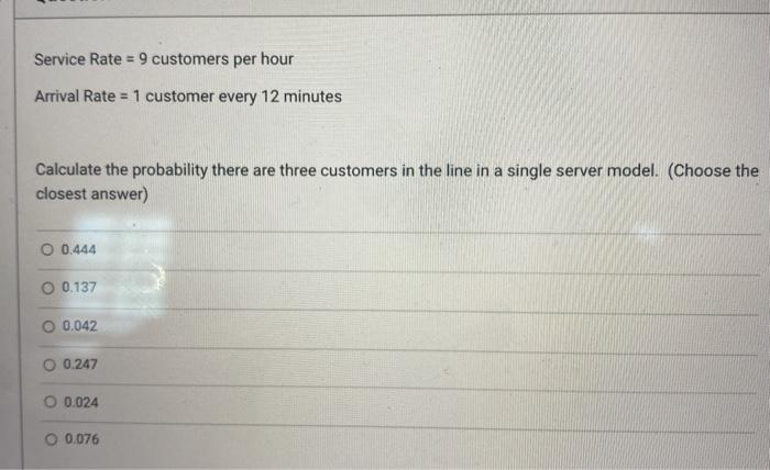 Solved Service Rate = 9 customers per hour Arrival Rate = 1 | Chegg.com