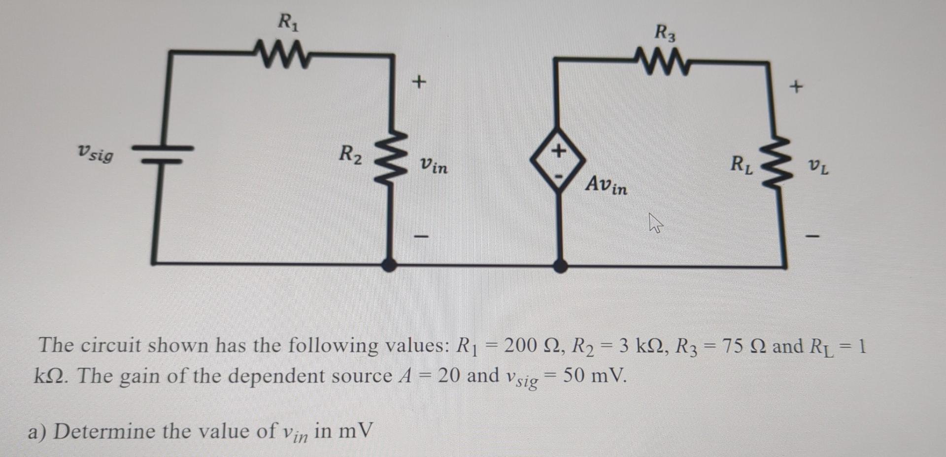 Solved R1 ww R3 w + + Vsig R2 w + Vin RL VL AV in h The | Chegg.com
