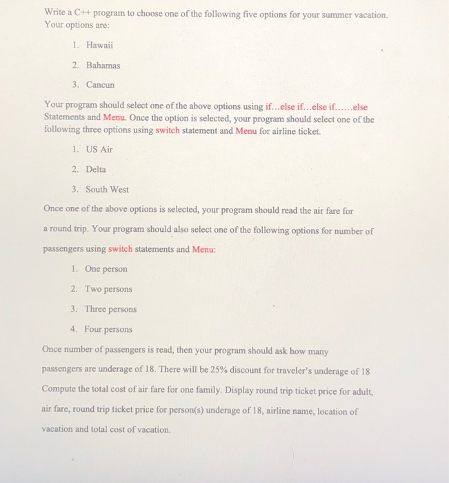 Solved Write a CH program to choose one of the following | Chegg.com