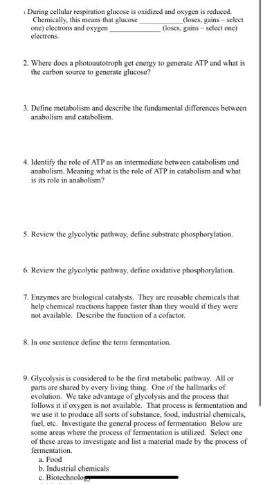Solved During cellular respiration glucose is oxidized and | Chegg.com