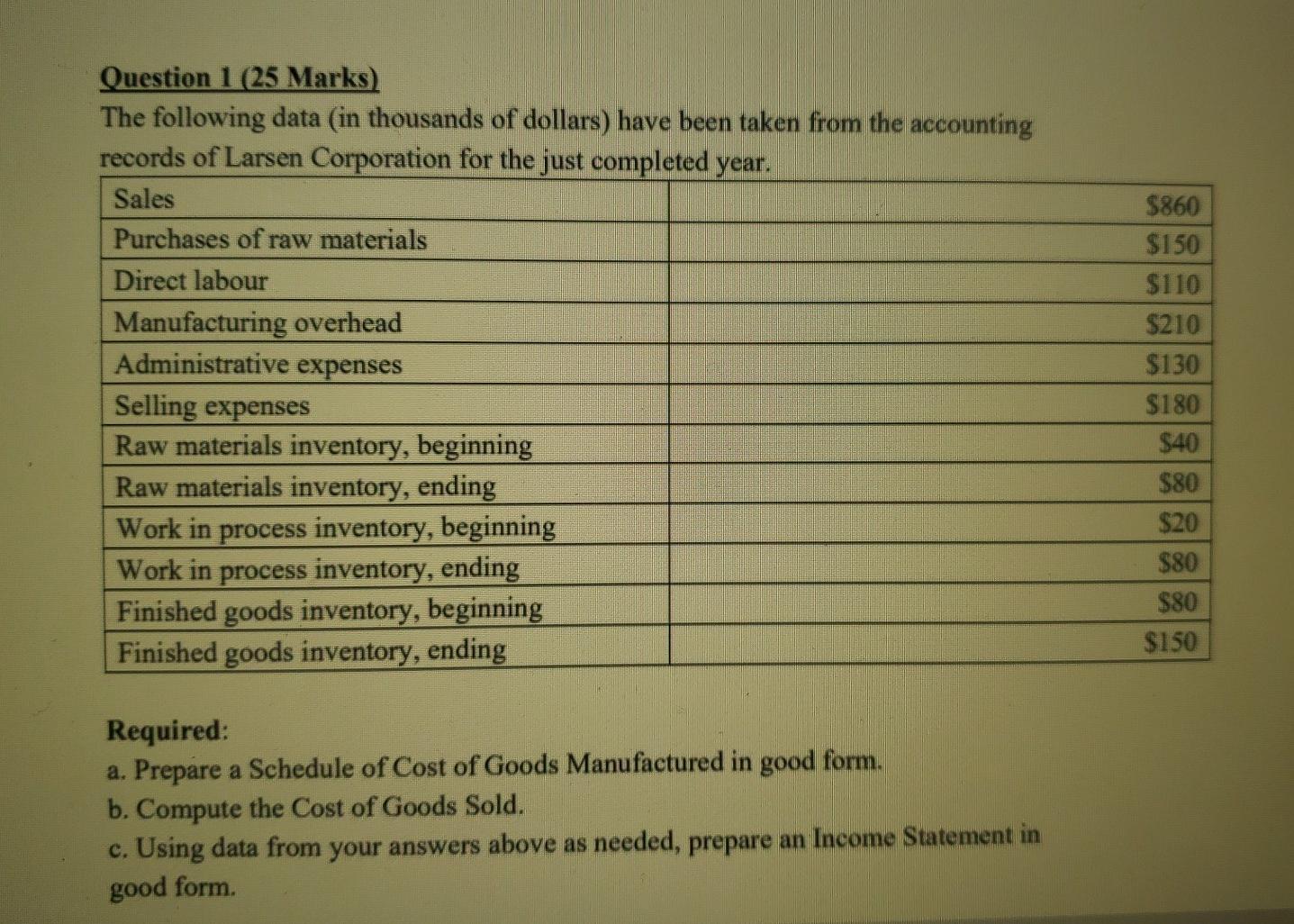 Solved Question 1 (25 Marks) The following data (in | Chegg.com