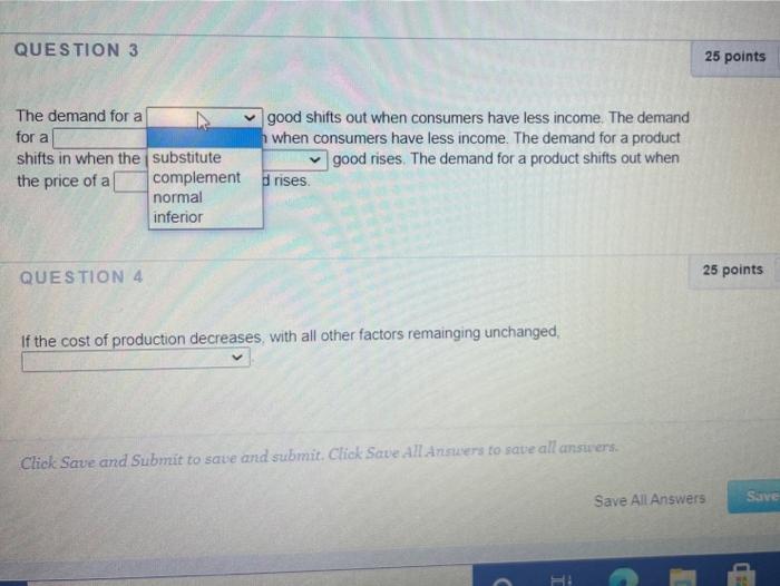 Solved QUESTION 4 If the cost of production decreases, with | Chegg.com