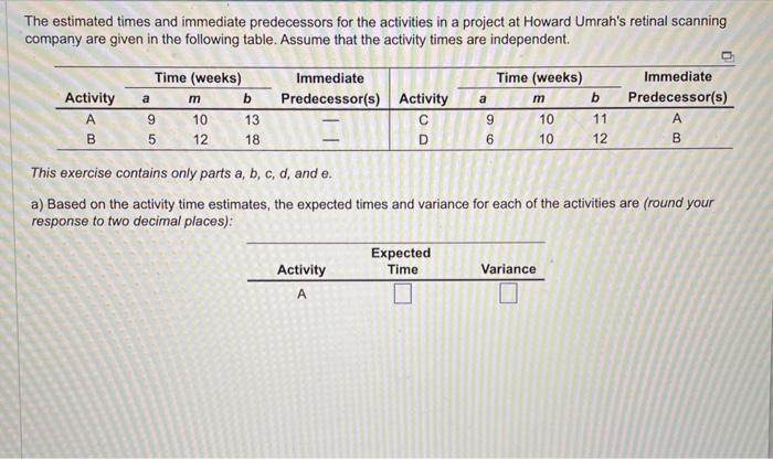 Solved The Estimated Times And Immediate Predecessors For | Chegg.com