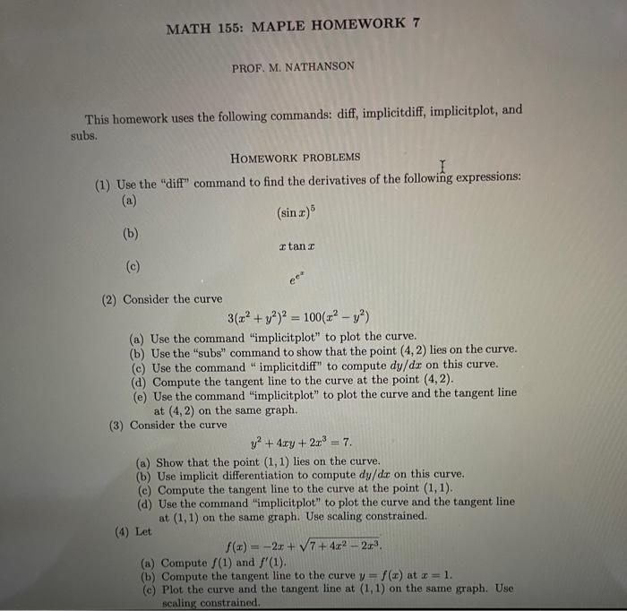 Solved MATH 155: MAPLE HOMEWORK 7 PROF. M. NATHANSON This | Chegg.com