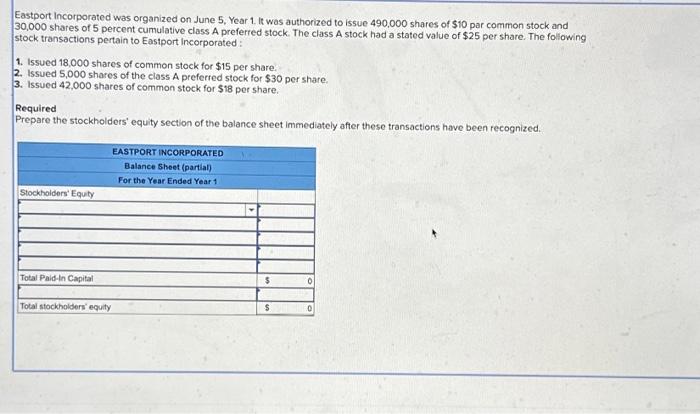 Solved Eastport Incorporated Was Organized On June 5, Year | Chegg.com