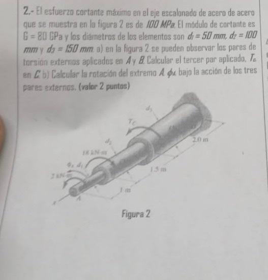 2.- El esfuerzo cortante máximo en al eje escalonado de acero de acero que se muestra en la figura 2 es de \( 1000 \mathrm{MP