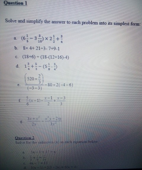 Solved Question 1 Solve and simplify the answer to each | Chegg.com