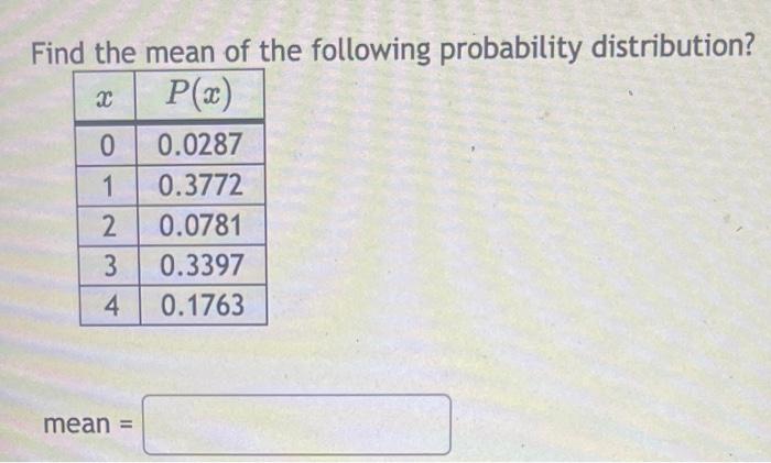 Solved Find the mean of the following probability | Chegg.com