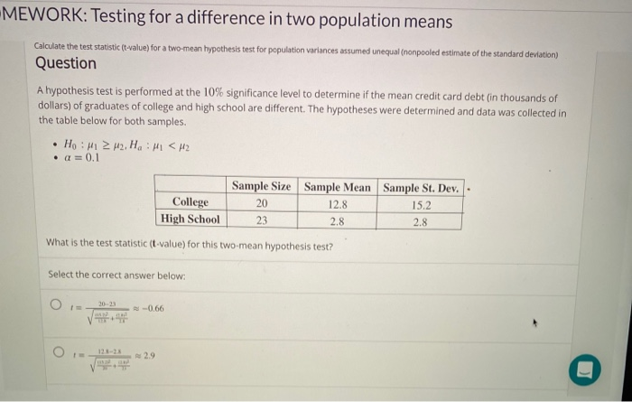 Solved MEWORK: Testing for a difference in two population | Chegg.com
