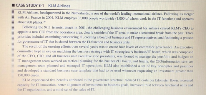 Case Study 8 1 Klm Airlines Klm Airlines Chegg 