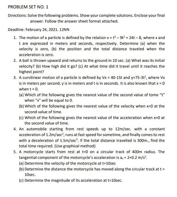 Solved PROBLEM SET NO. 1 Directions: Solve the following | Chegg.com