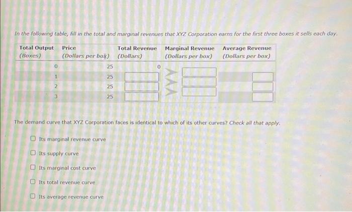 In the following table, fill in the total and marginal revenues that XYZ Corporation earns for the first three boxes it sells