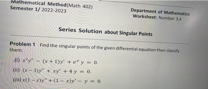 Solved Series Solution About Singular Points Problem 1 Find | Chegg.com