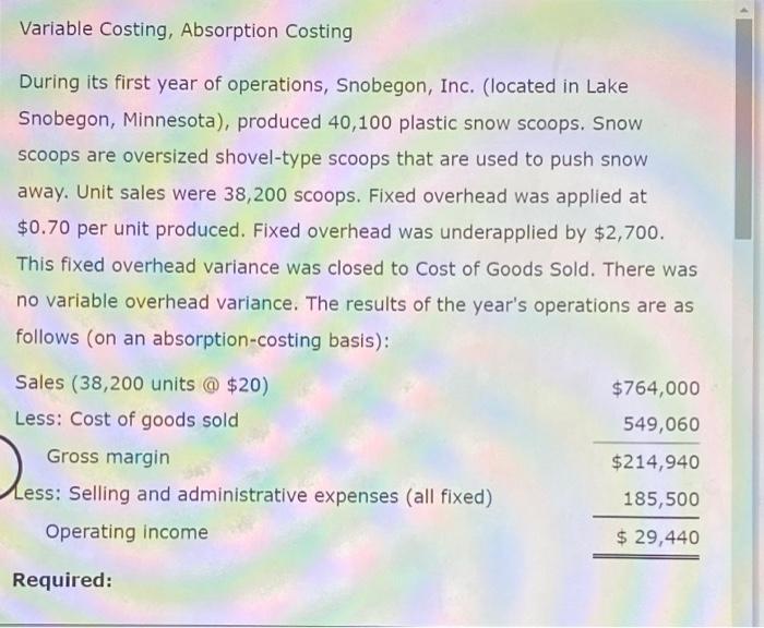 Solved Variable Costing, Absorption Costing During Its First | Chegg.com