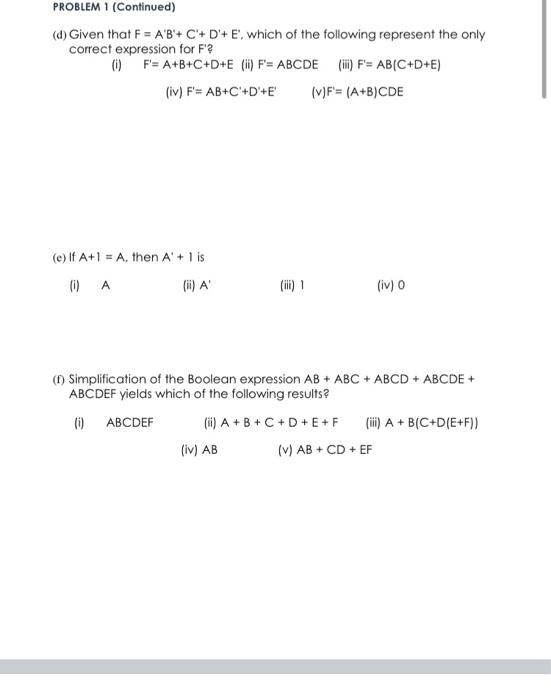 Solved PROBLEM 1 (18 points) Choose the correct answer in | Chegg.com