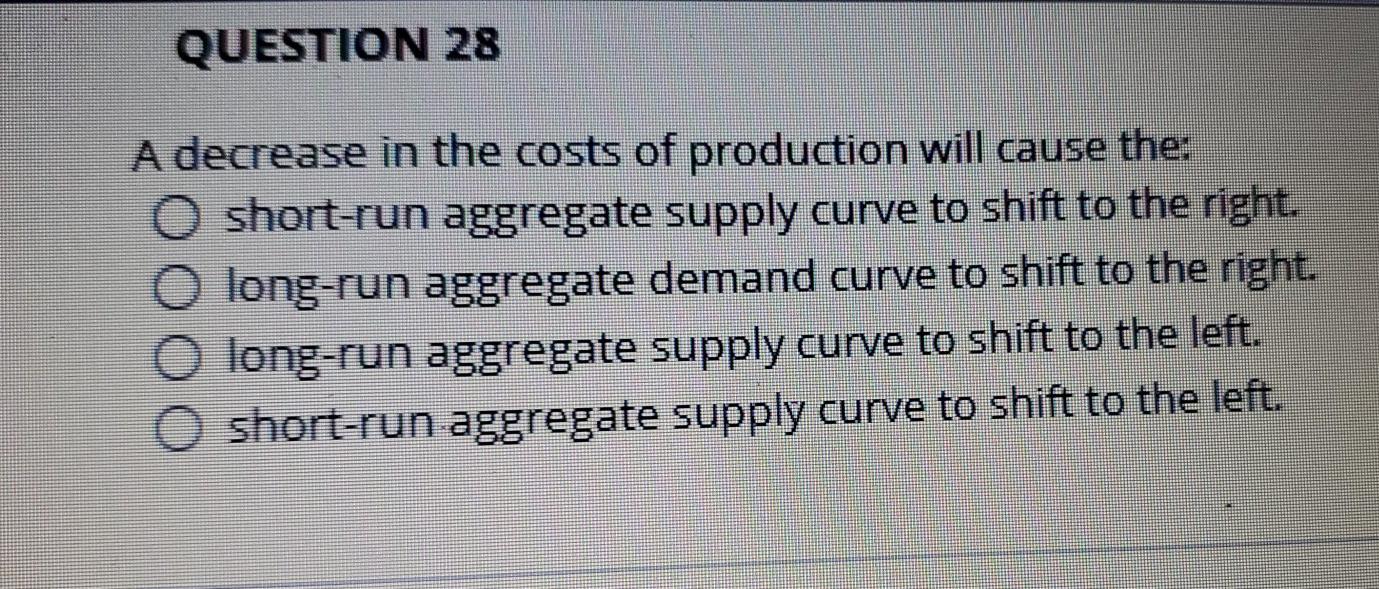 Solved QUESTION 28 A decrease in the costs of production | Chegg.com