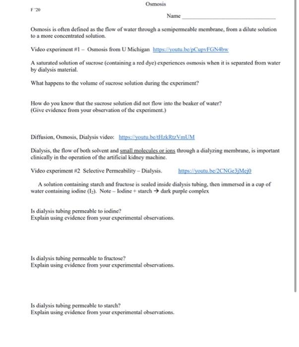 Solved F 20 Osmosis Name Osmosis is often defined as the | Chegg.com