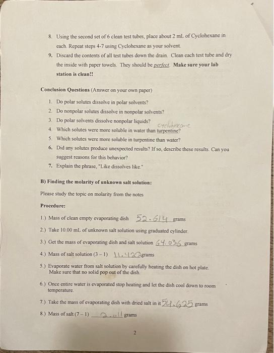 Solved Lab 10:) Solutions A) Solubility: Polar And Nonpolar | Chegg.com