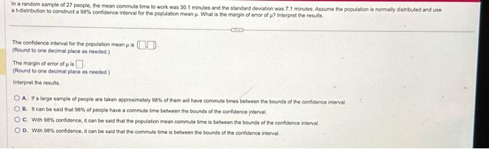 Solved In a randem sample of 27 people, the mean comenute | Chegg.com